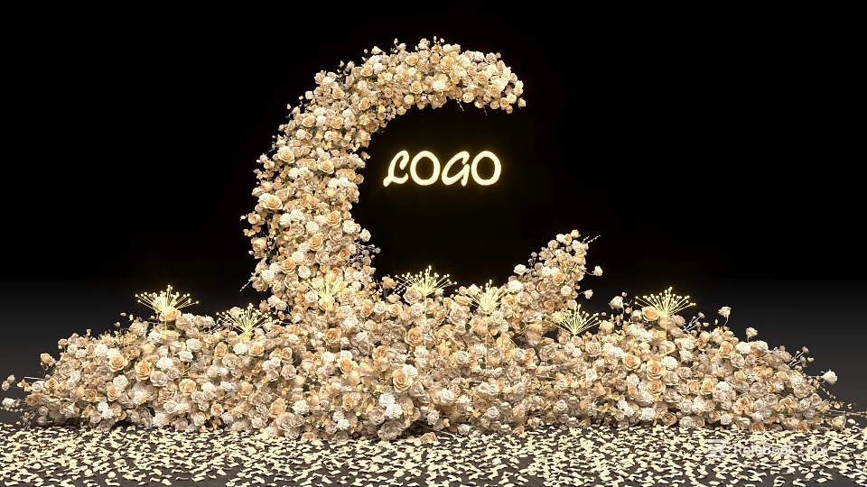 Elegant Curved Floral Installation with Gold White Flowers Illuminated LOGO and Scattered Petals 3d model 
