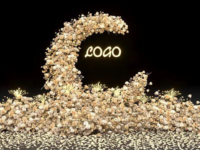 Elegant Curved Floral Installation with Gold White Flowers Illuminated LOGO and Scattered Petals 3d model