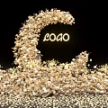 Elegant Curved Floral Installation with Gold White Flowers Illuminated LOGO and Scattered Petals