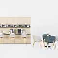 Modern Kitchen Dining Space With Light Wood Cabinets Bar Stools And Round Table 3d model