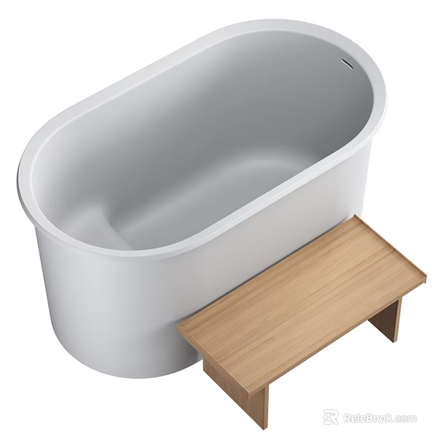 Modern White Freestanding Bathtub With Sleek Design And Natural Wooden Bench 3d model 