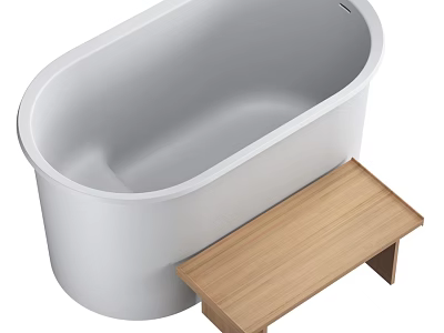 Modern White Freestanding Bathtub With Sleek Design And Natural Wooden Bench 3d model