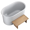 Modern White Freestanding Bathtub With Sleek Design And Natural Wooden Bench