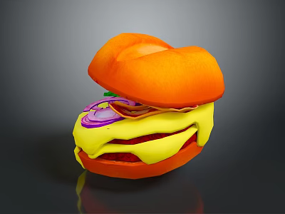 Delicious Burger With Orange Bun Melted Cheese Red Onion And Beef Patty 3d model