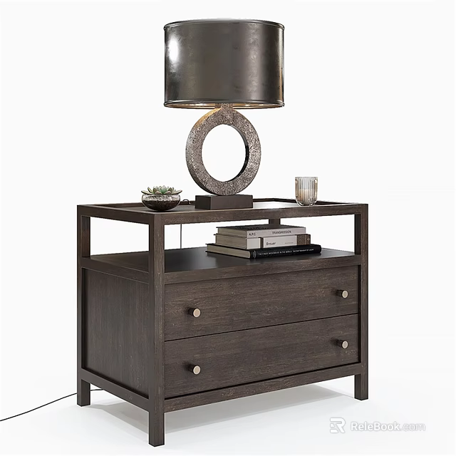 Dark Brown Wooden Two Drawer Dresser With Table Lamp Round Base Stacked Books And Decor 3d model 