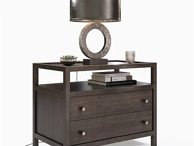 Dark Brown Wooden Two Drawer Dresser With Table Lamp Round Base Stacked Books And Decor 3d model