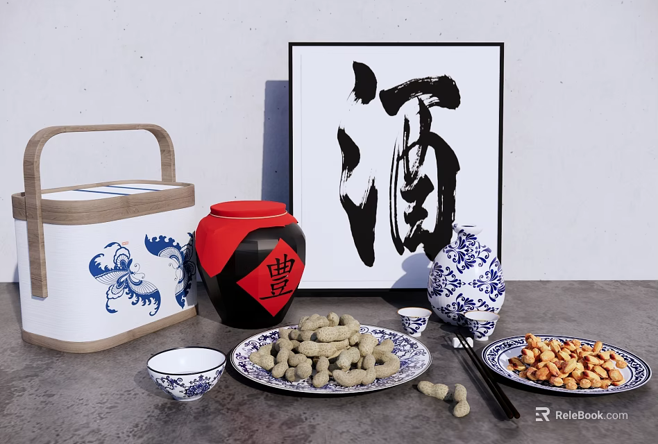 Traditional Chinese Snacks Display with Nuts Peanuts Ceramic Containers and Calligraphy Art 3d model