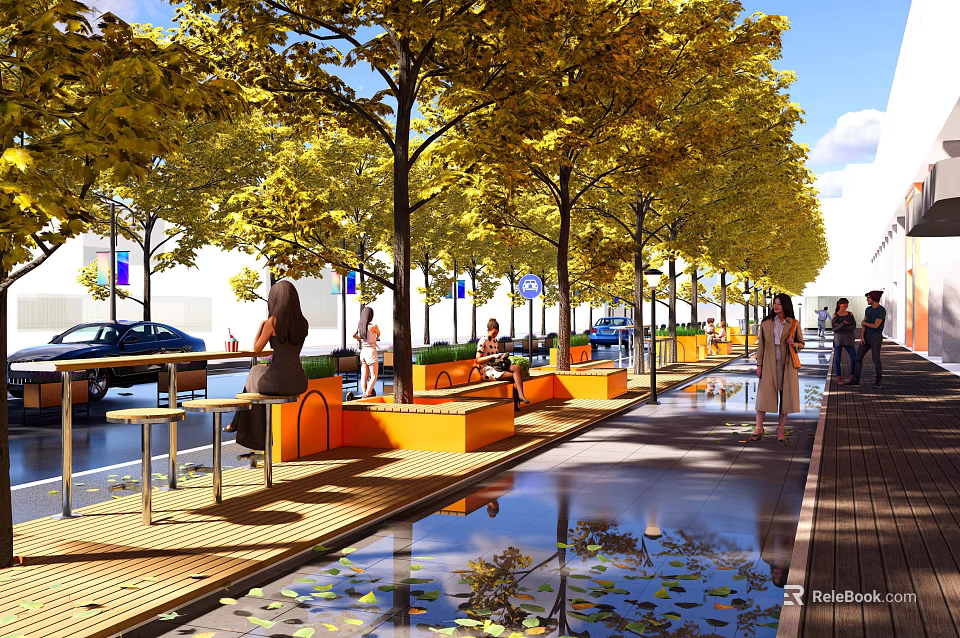 Vibrant Commercial Landscape with Yellow Leaved Trees Orange Benches Pedestrians Cars and Water Puddles 3d model 
