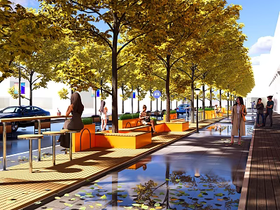 Vibrant Commercial Landscape with Yellow Leaved Trees Orange Benches Pedestrians Cars and Water Puddles 3d model