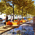 Vibrant Commercial Landscape with Yellow Leaved Trees Orange Benches Pedestrians Cars and Water Puddles