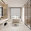 Modern Bathroom Interior With White Tiles Bathtub Glass Shower Vanity And Mirror Blinds Plant