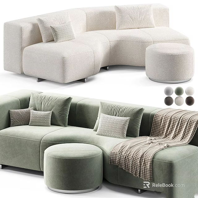Beige And Light Green Modular Sofa Design With Pillows Ottoman And Blanket 3d model 