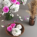 Transparent Glass Vase with Pink and White Carnations Wheat Stalks and Petals in Wooden Bowl