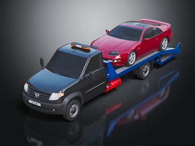 Black Tow Truck Transporting Red Sports Car On Flatbed Trailer 3d model