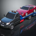 Black Tow Truck Transporting Red Sports Car On Flatbed Trailer