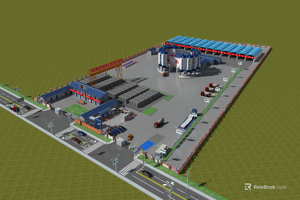 Road Facility at Construction Site With Vehicles Parking Area Buildings Green Areas And Crane 3d model 
