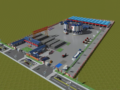 Road Facility at Construction Site With Vehicles Parking Area Buildings Green Areas And Crane 3d model