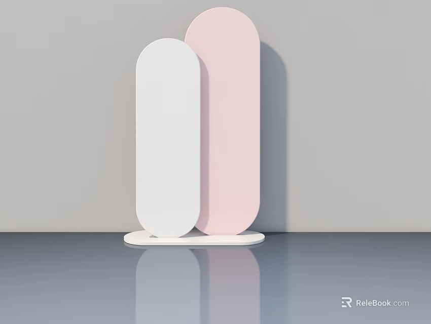 White and Pink Swing Doors Standing on Gray Floor with Gray Wall and Reflection 3d model 