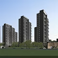 Modern High Rise Residential Buildings With Green Lawn Trees And Community Clubhouse
