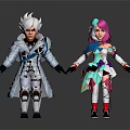 Two Fantasy Characters With White Hair And Pink Green Hair In Colorful Outfits Standing Together