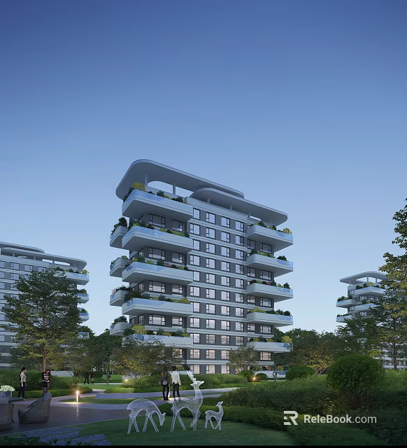 Modern Multi storey Residential Building With White Gray Exterior Balconies And Green Plants 3d model 