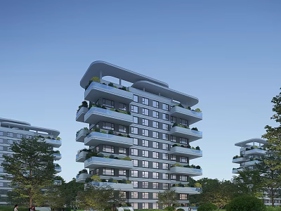 Modern Multi storey Residential Building With White Gray Exterior Balconies And Green Plants 3d model