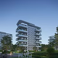 Modern Multi storey Residential Building With White Gray Exterior Balconies And Green Plants