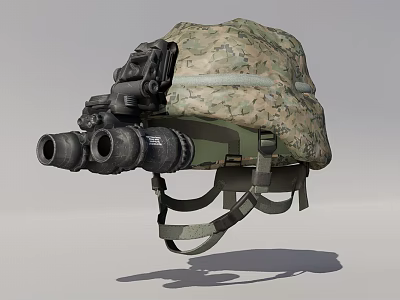 Camouflage Military Helmet with Attached Binoculars and Secure Straps for Tactical Use 3d model