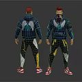 Two Characters Front Back View In Navy Blue Techwear With Bio Inspired Patterns Red White Sneakers 3d model