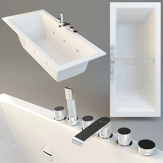 Modern White Bathtub Design With Chrome Faucet And Control Knobs 3d model 