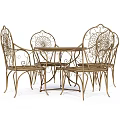 Elegant Golden Wrought Iron Outdoor Dining Set With Four Chairs Featuring Intricate Scroll Patterns 3d model