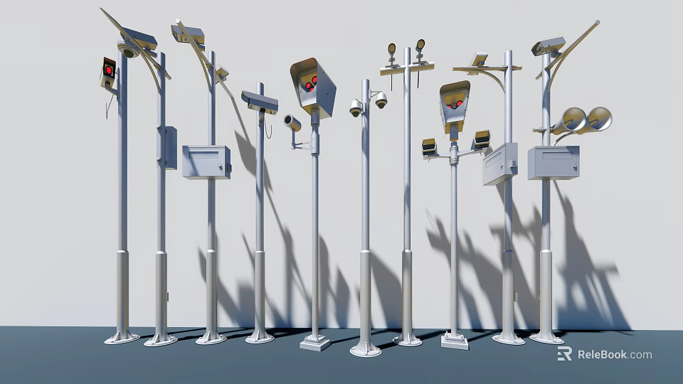 Outdoor Projection Monitoring Systems with Multiple Pole Mounted Devices and Security Cameras 3d model 