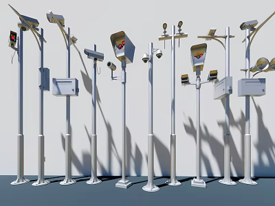 Outdoor Projection Monitoring Systems with Multiple Pole Mounted Devices and Security Cameras 3d model