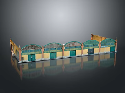 Cartoon Scene Building Facade With Arched Doors Yellow Walls Green Windows And Decorative Tops 3d model