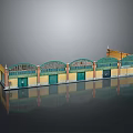 Cartoon Scene Building Facade With Arched Doors Yellow Walls Green Windows And Decorative Tops