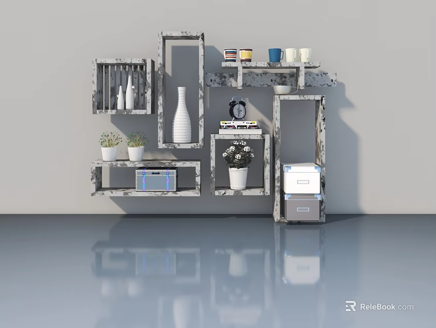 Modern Kitchen Open Concept Interior Featuring Stylish Hinged Door And Decorative Shelves 3d model 