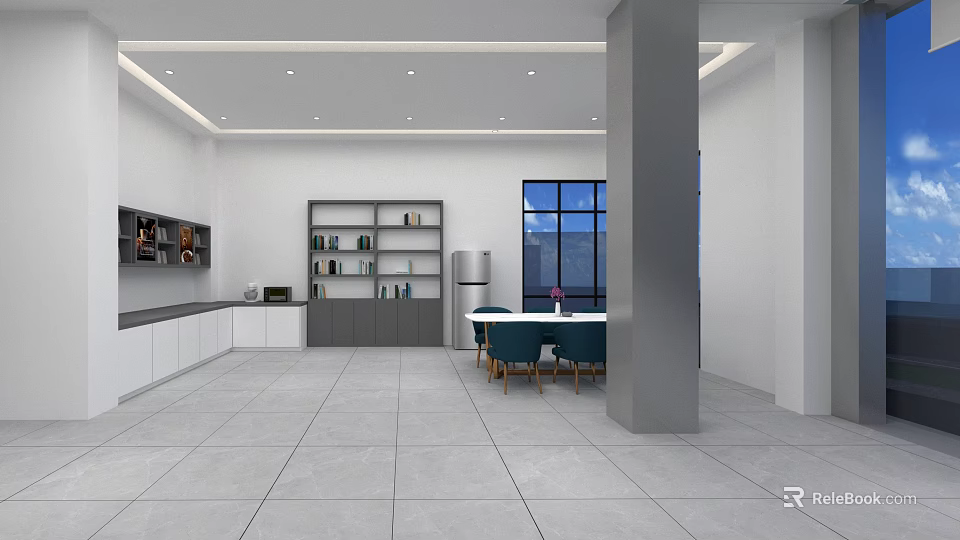 Modern Pantry Interior With White Cabinets Gray Shelves Refrigerator Large Window White Table Green Chairs 3d model 