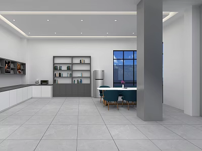 Modern Pantry Interior With White Cabinets Gray Shelves Refrigerator Large Window White Table Green Chairs 3d model