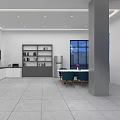 Modern Pantry Interior With White Cabinets Gray Shelves Refrigerator Large Window White Table Green Chairs