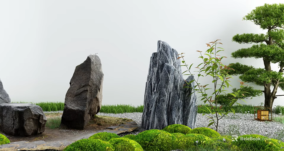 Karesansui Garden Design With Tall Stones Green Moss And Gravel Ground 3d model 