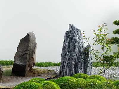 Karesansui Garden Design With Tall Stones Green Moss And Gravel Ground 3d model