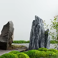 Karesansui Garden Design With Tall Stones Green Moss And Gravel Ground