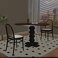 Modern Dining Room Interior With Round Wooden Table Rattan Chairs Unique Base And Patterned Rug