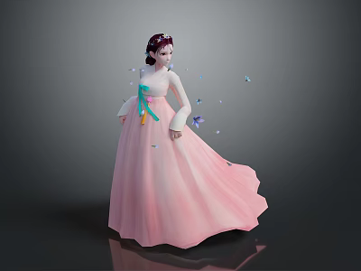 Pink Hanbok Woman with Green Ribbon and Fluttering Butterflies and Falling Petals 3d model