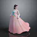 Pink Hanbok Woman with Green Ribbon and Fluttering Butterflies and Falling Petals