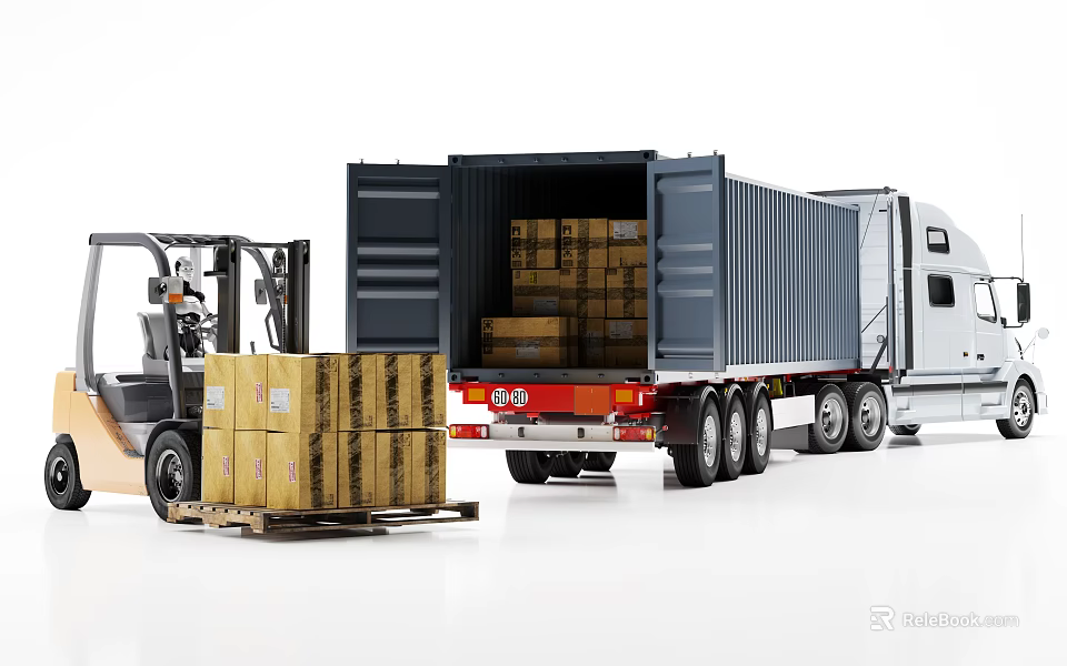 Large Container Truck With Open Container Loading Wooden Crates Using Forklift 3d model 
