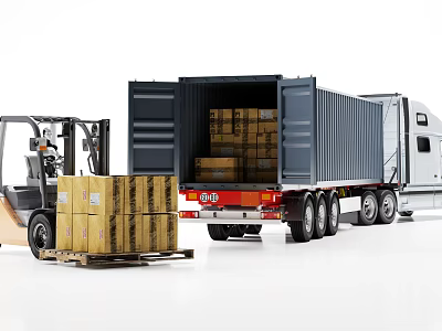 Large Container Truck With Open Container Loading Wooden Crates Using Forklift 3d model