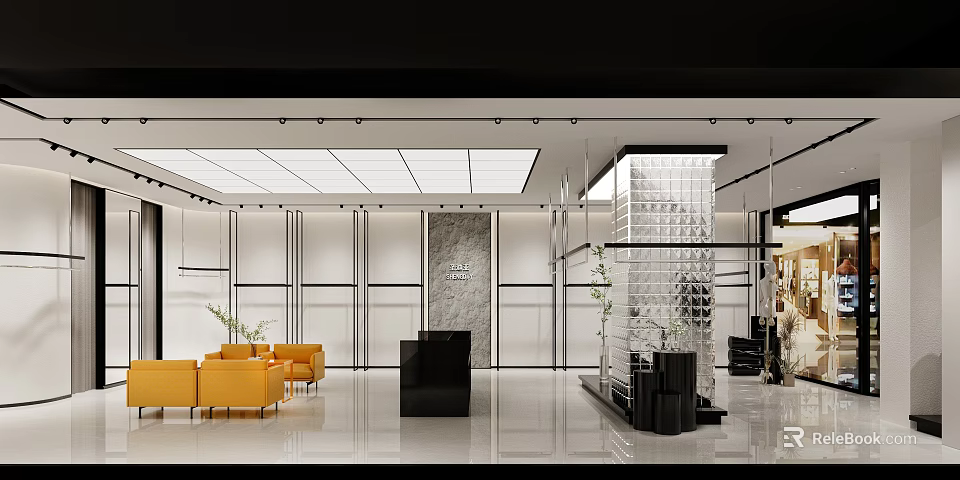 Modern Boutique Store Interior With Glass Display Cases Yellow Armchairs Reception Desk And Bright Lighting 3d model 