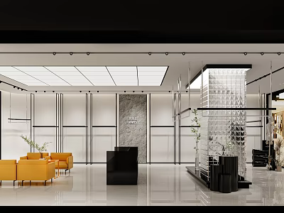 Modern Boutique Store Interior With Glass Display Cases Yellow Armchairs Reception Desk And Bright Lighting 3d model