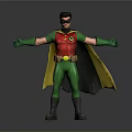 Fictional Character With Red Top Green Pants Yellow Black Cape Mask Arms Outstretched Standing
